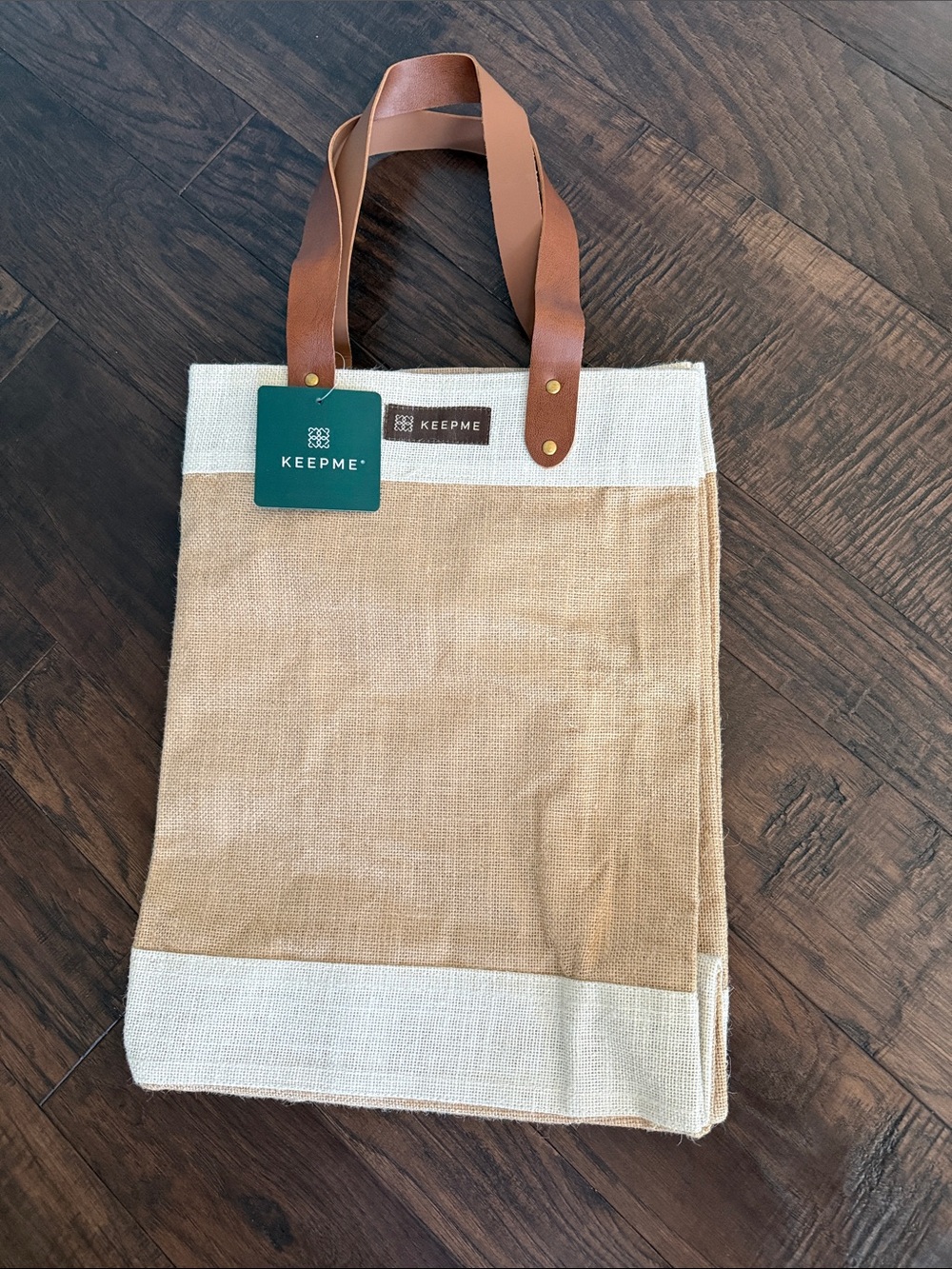Jute Tote Bag Faux Leather Handles - Natural
